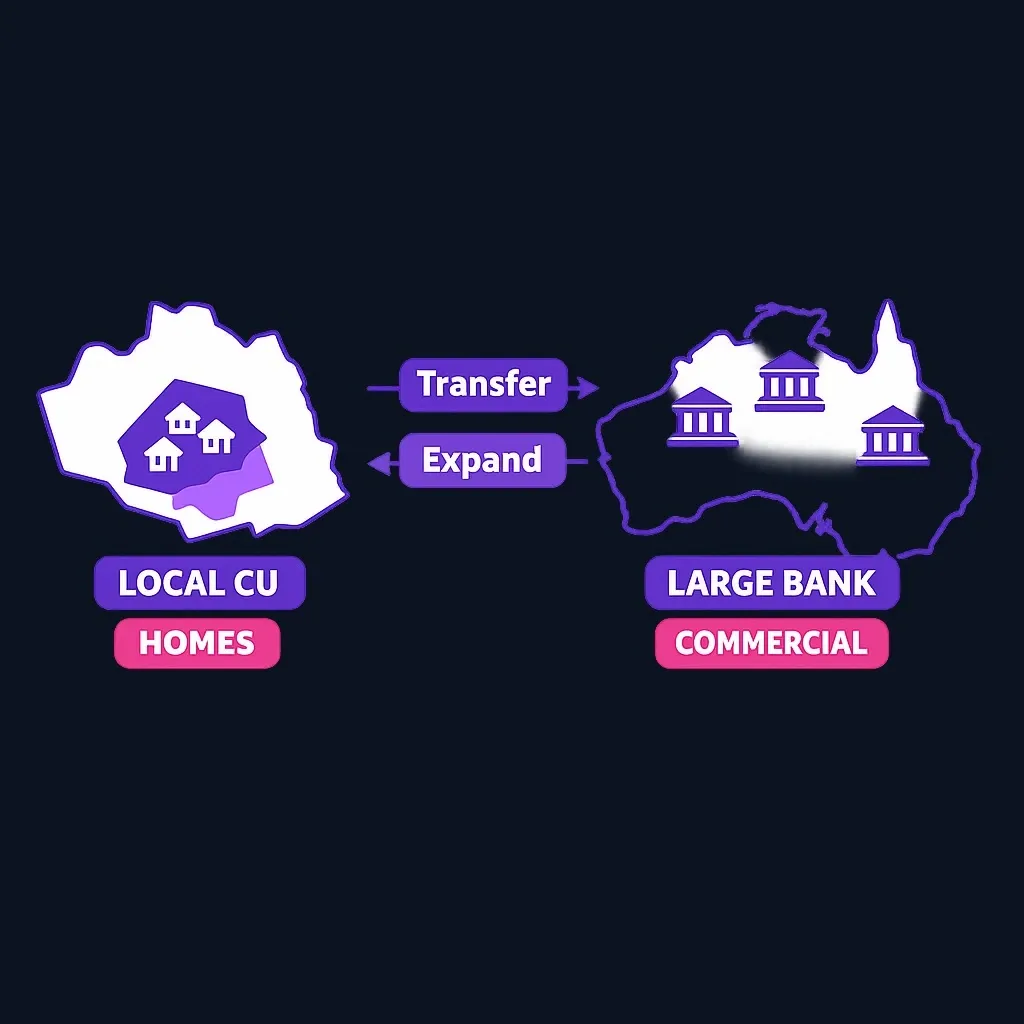 Diagram comparing local focused credit union lending versus diversified bank lending