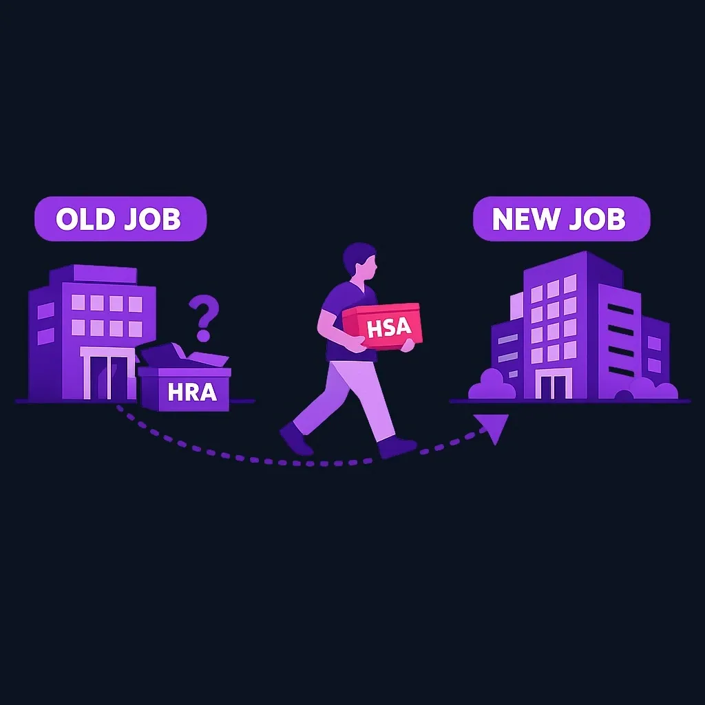 Diagram showing an HSA moving with a worker to a new job while an HRA stays with the old employer