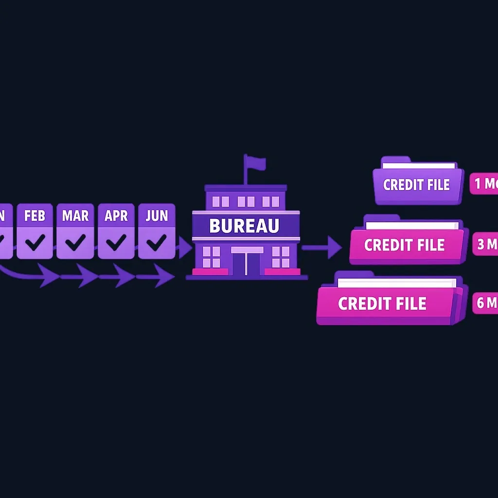 Timeline of monthly payments with check marks flowing into a credit bureau, where a credit file grows thicker over time.