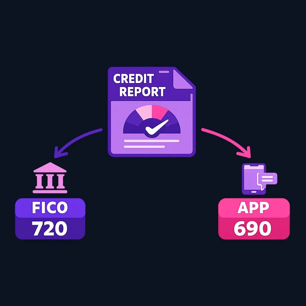 Comparison showing same credit data producing different scores in different models