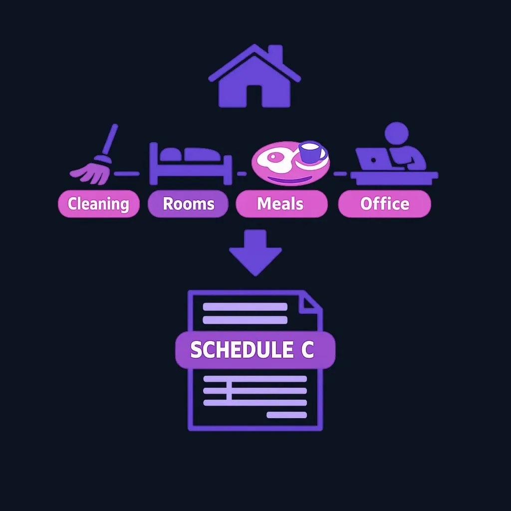 Diagram of short-term rental with services example showing multiple service icons and Schedule C reporting