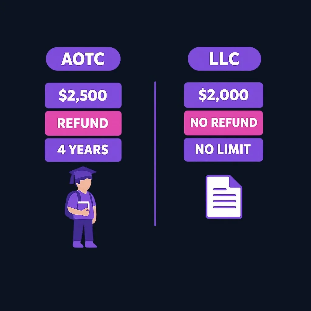 Side-by-side comparison of AOTC and LLC maximums, refundability and year limits