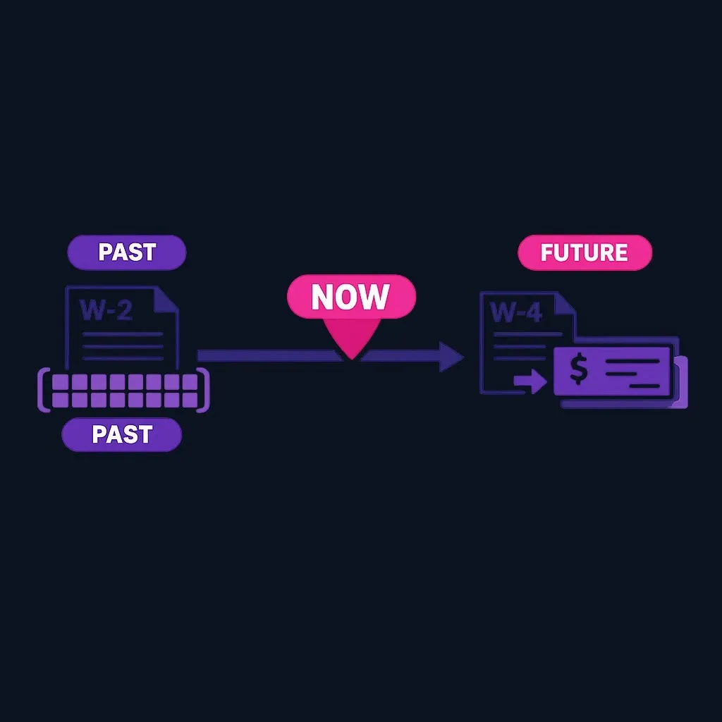 Timeline showing W-4 pointing to future pay and W-2 summarizing the past year