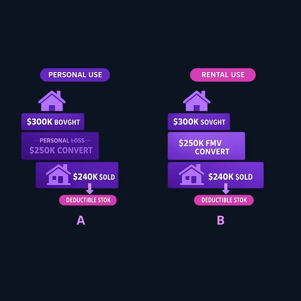 Diagram illustrating how personal-use decline is not deductible when property is later converted to rental use