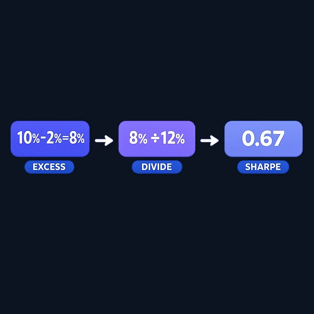 Step-by-step calculation of Sharpe ratio example showing 10% return, 2% risk-free rate, 12% volatility
