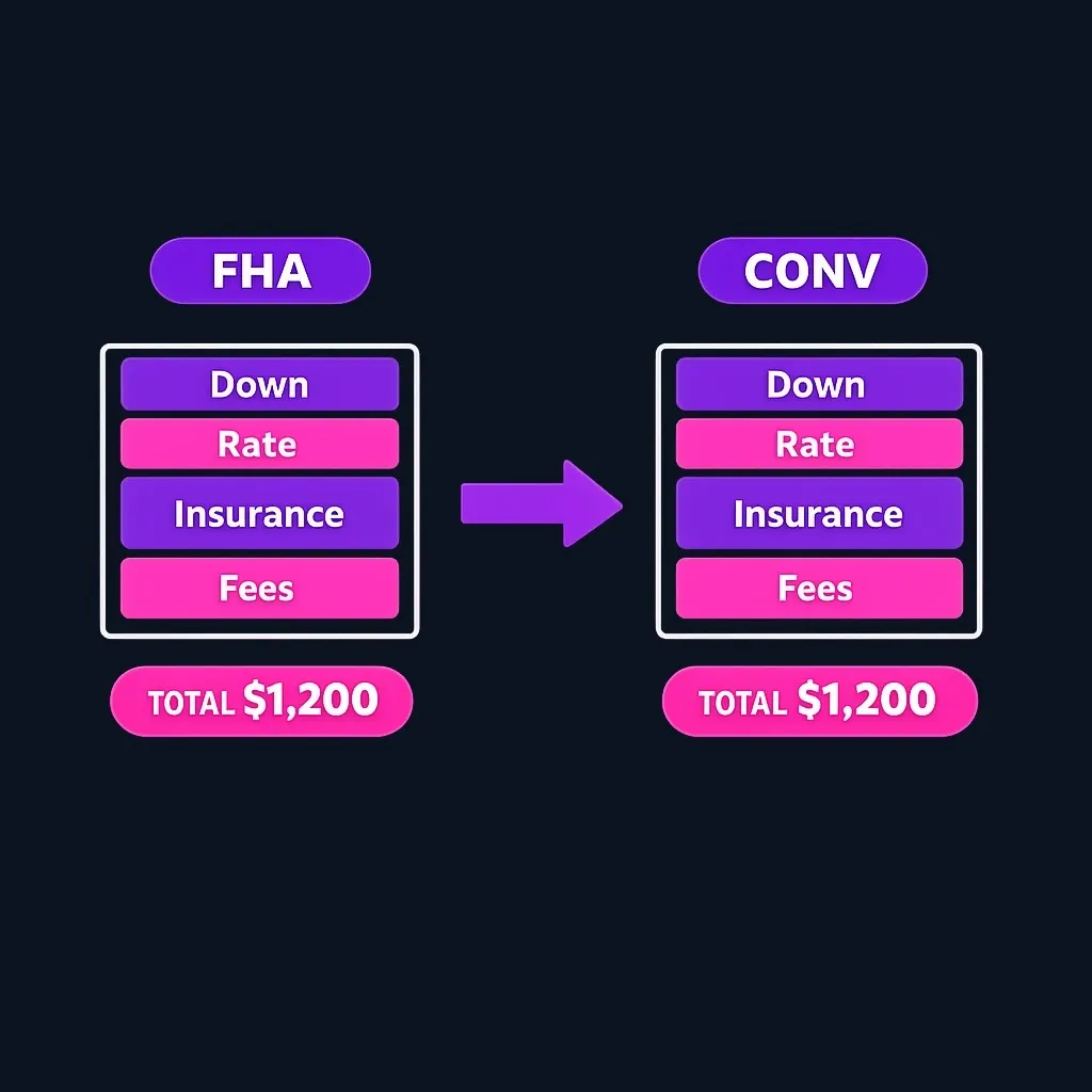 Side-by-side comparison of FHA versus conventional loan costs for same borrower