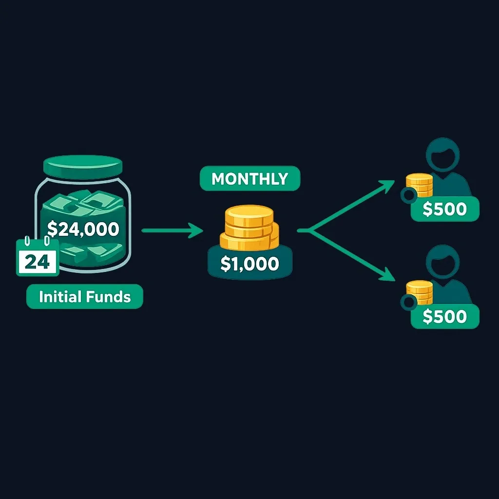 Diagram showing $24,000 divided over 24 months into $1,000 monthly, split into $500 for each of two people