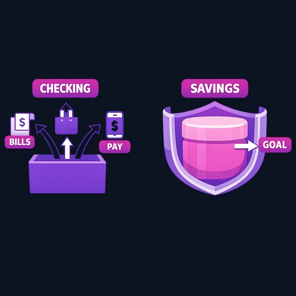 Diagram showing checking account connected to multiple payment arrows versus savings account with a protective barrier