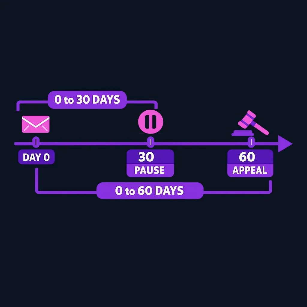 Timeline marking day 0 for the notice, day 30 for pausing collection, and day 60 for the appeal deadline