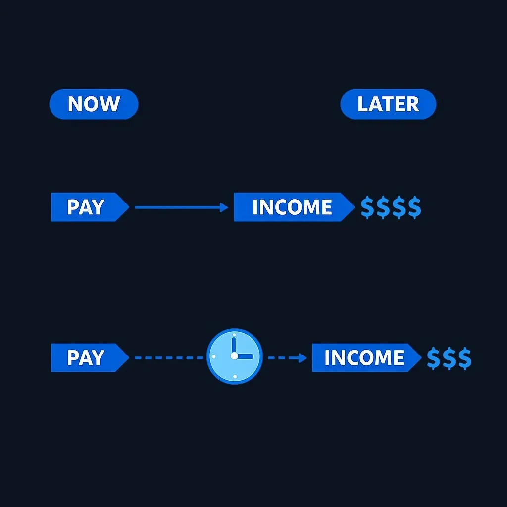 Timeline comparison showing immediate annuity payments starting now versus deferred annuity payments starting years later
