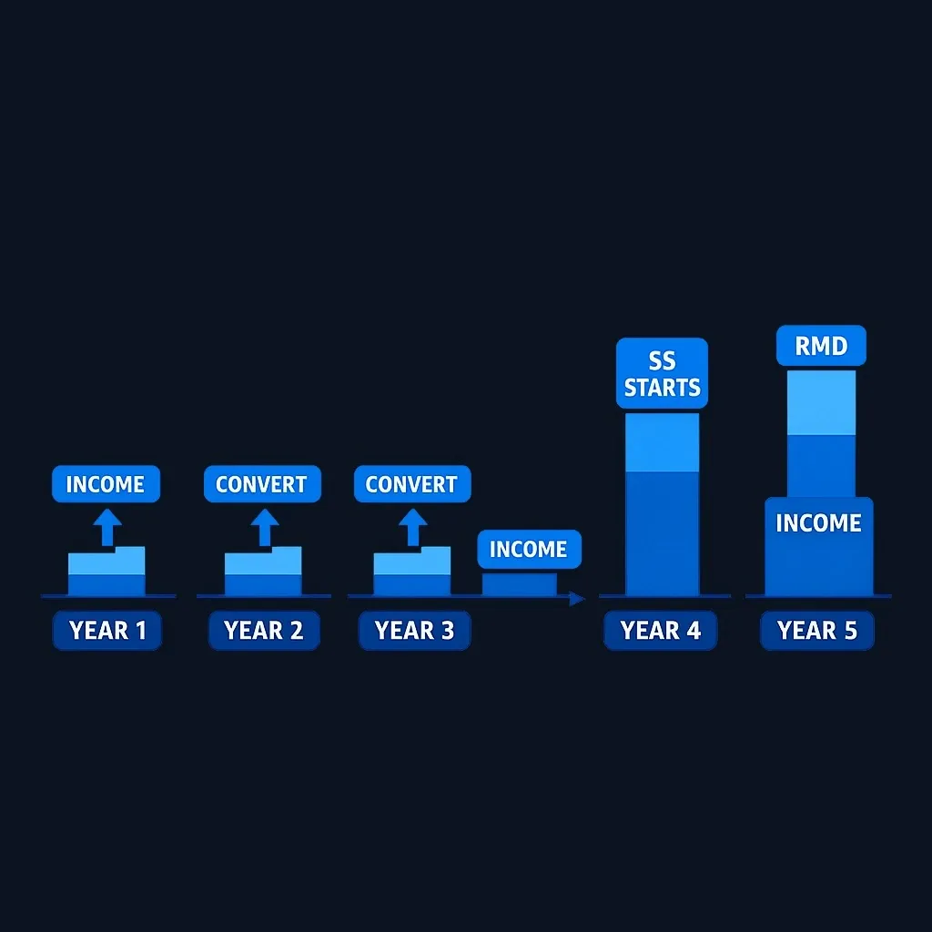 Multi-year Roth conversion tax-smoothing timeline