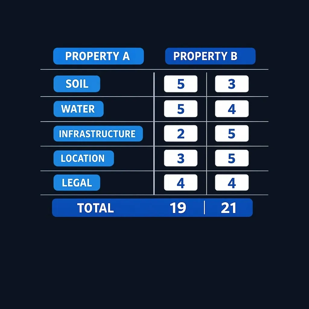 Property evaluation scorecard example comparing two farmland parcels across five pillars