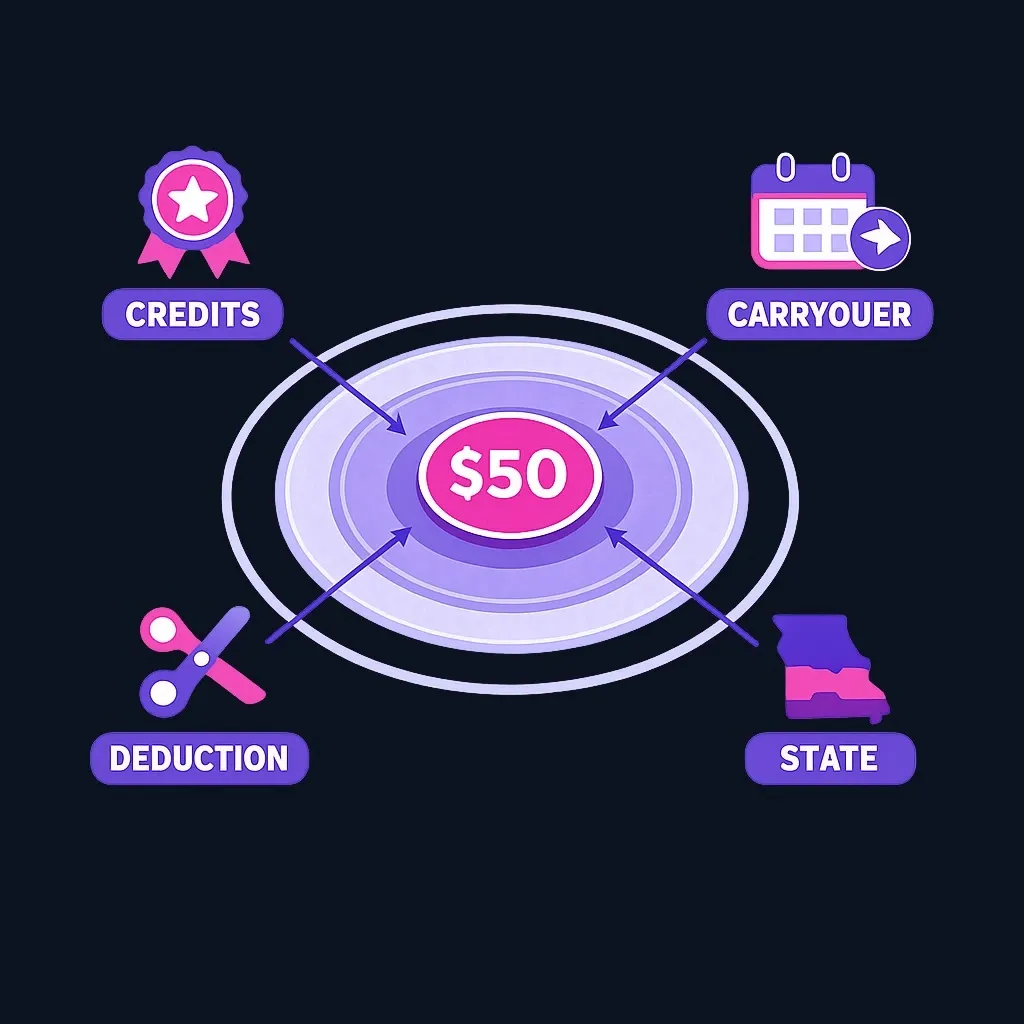 Ripple diagram showing one small tax item affecting credits, deductions, carryovers, and state return