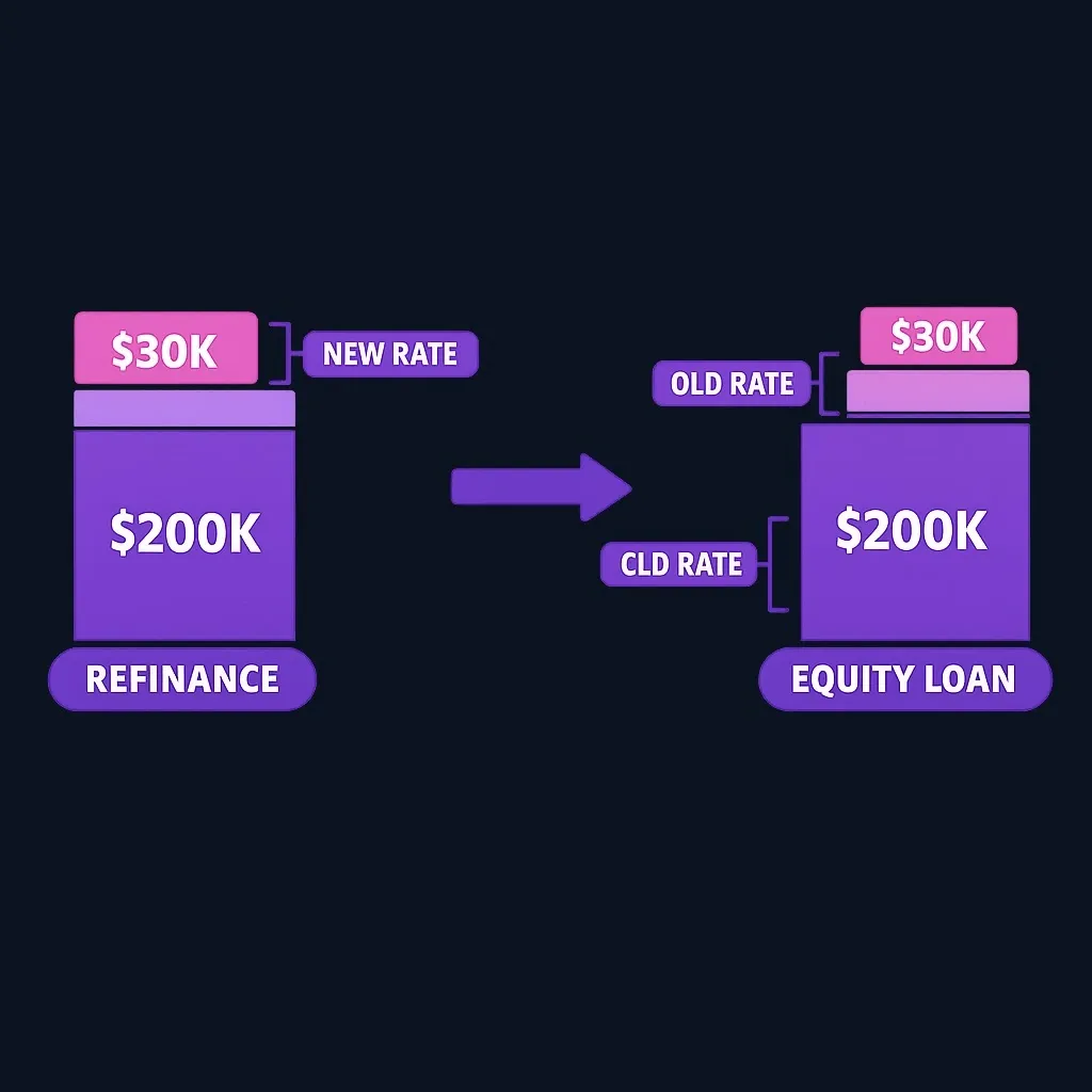 Bar diagram showing a $200,000 balance plus $30,000 repriced together under refinance versus only the $30,000 at a new rate under a home equity loan