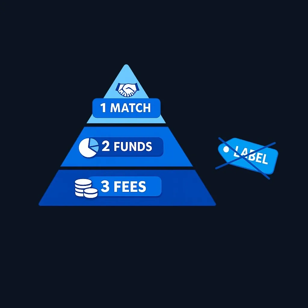 Three-level priority pyramid with Match at the top, Funds in the middle and Fees at the base