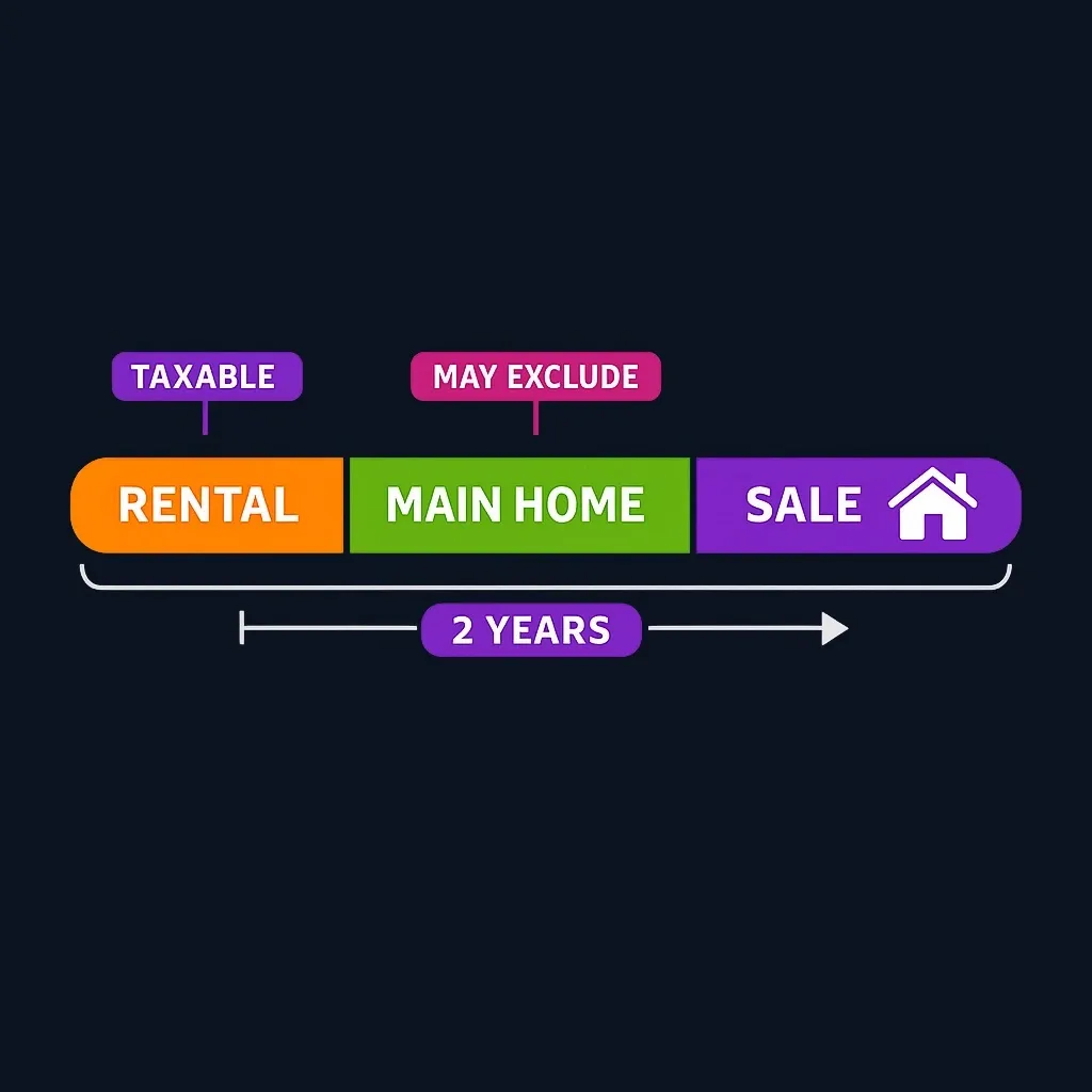 Timeline diagram showing how periods of second-home use versus main-home use affect the taxable portion of gain