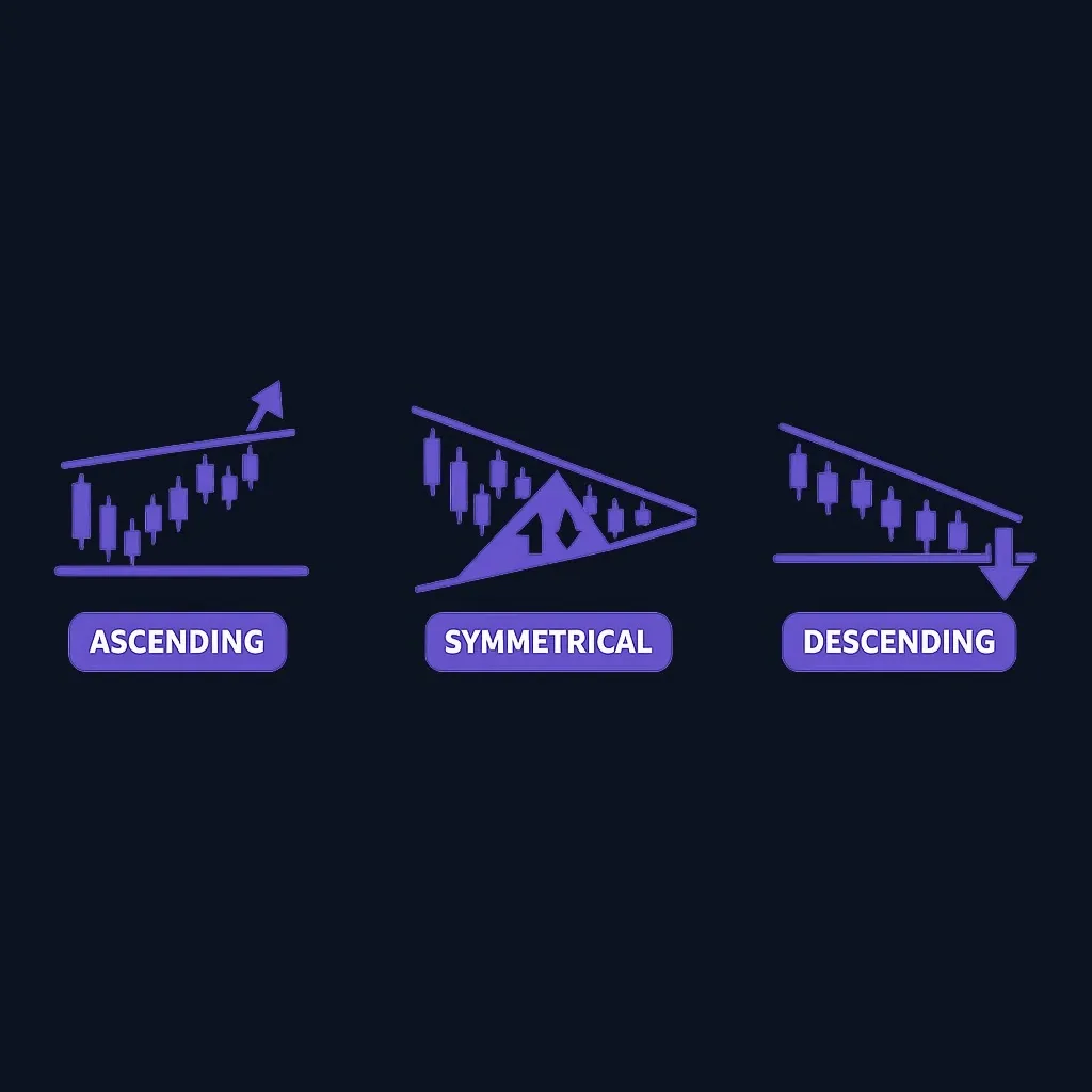 Side-by-side comparison of ascending, descending, and symmetrical triangle patterns