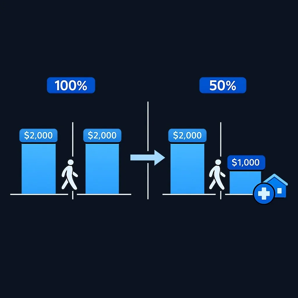 Two bar charts showing a $2,000 payment staying at $2,000 under a 100% survivor option and falling to $1,000 under a 50% option