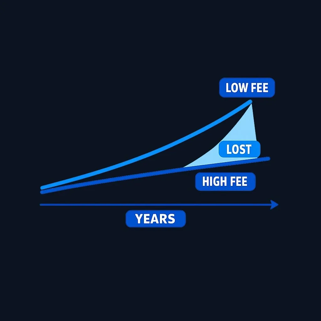 Line chart showing a low-fee investment growing noticeably higher than a high-fee investment over time.