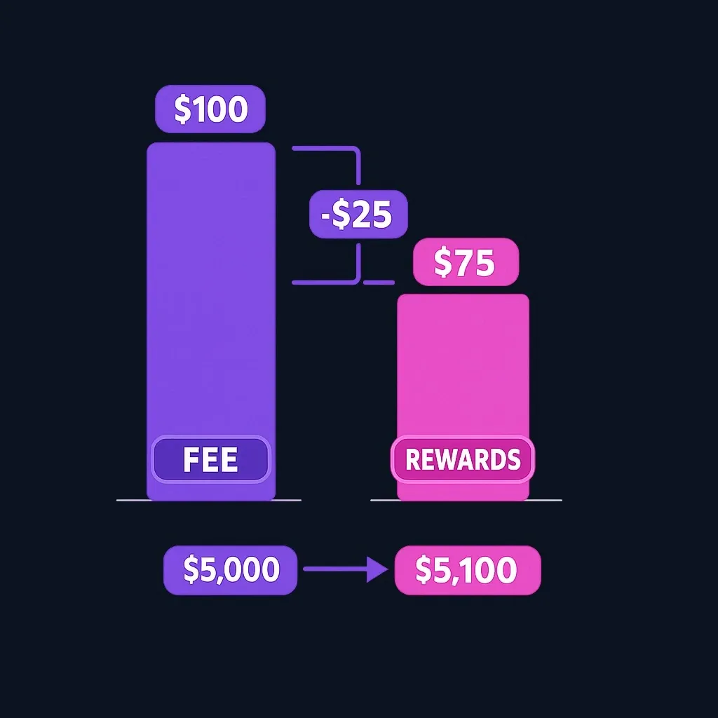 Bar chart comparing a $100 processing fee with $75 in rewards, showing a $25 shortfall