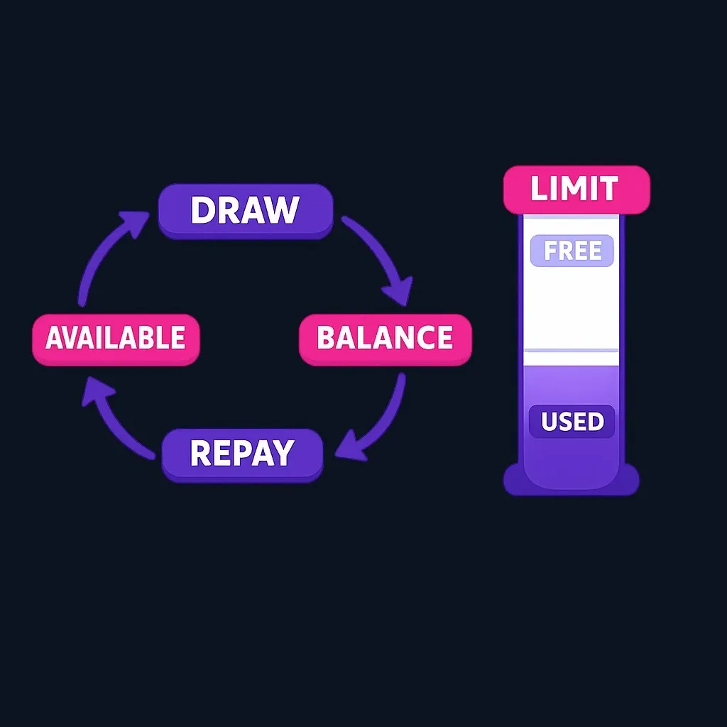 Circular diagram of a revolving line of credit cycling between drawing and repaying below an approved limit