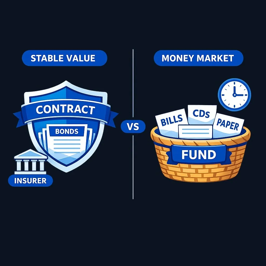 Side-by-side diagram: bond stack wrapped in a contract shield versus a fund basket of short-term bills