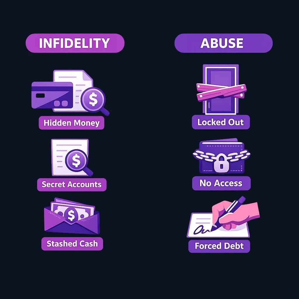 Diagram comparing financial infidelity (hiding information) versus financial abuse (controlling access and using money as a weapon)