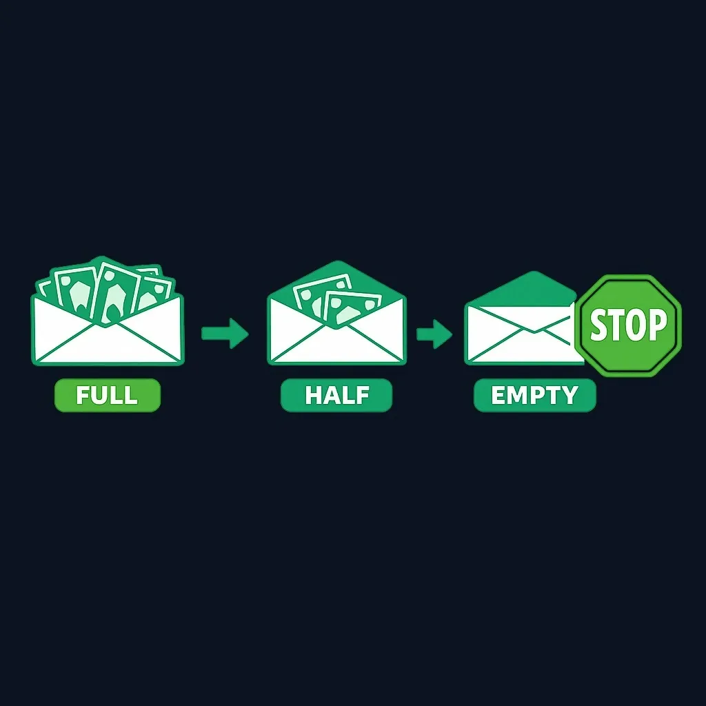 Sequence of an envelope going from full to half to empty, ending with a stop sign