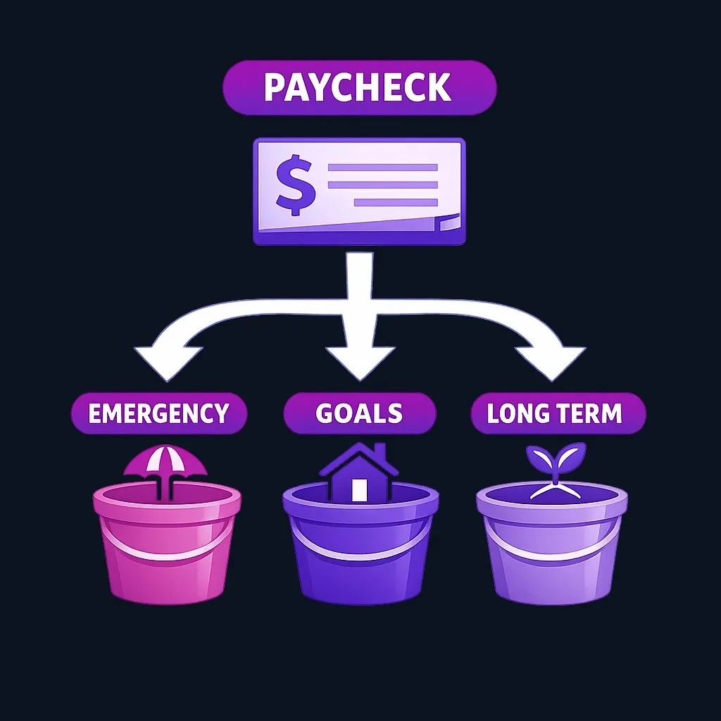 Diagram of a paycheck split into three savings buckets labeled emergency, goals and long term