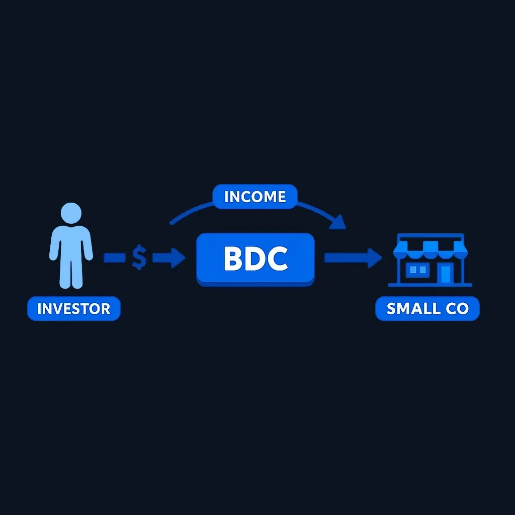 Flow diagram showing investors funding a BDC, which invests in small companies and returns income