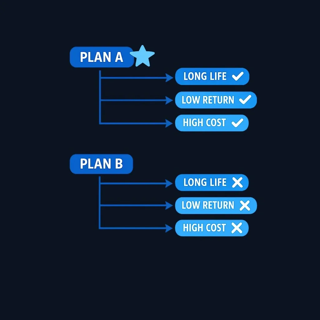 Decision tree showing one claiming plan passing stress tests while another fails under adverse scenarios