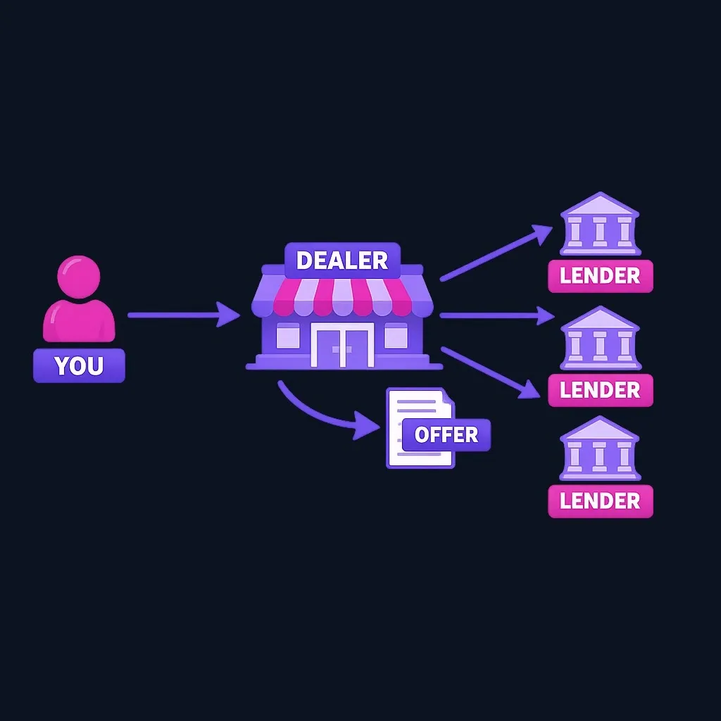 Flow diagram showing a buyer applying at a dealer, the dealer sending the application to three lenders, and offers coming back to the buyer.