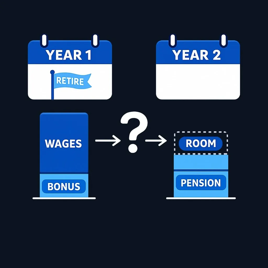 Two calendar-year income bars comparing a mid-year retirement year with wages to the following year with a pension