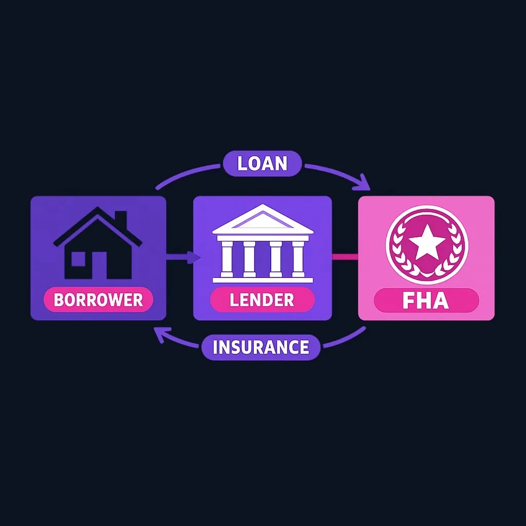 Diagram showing how FHA loan insurance works between borrower, lender, and FHA