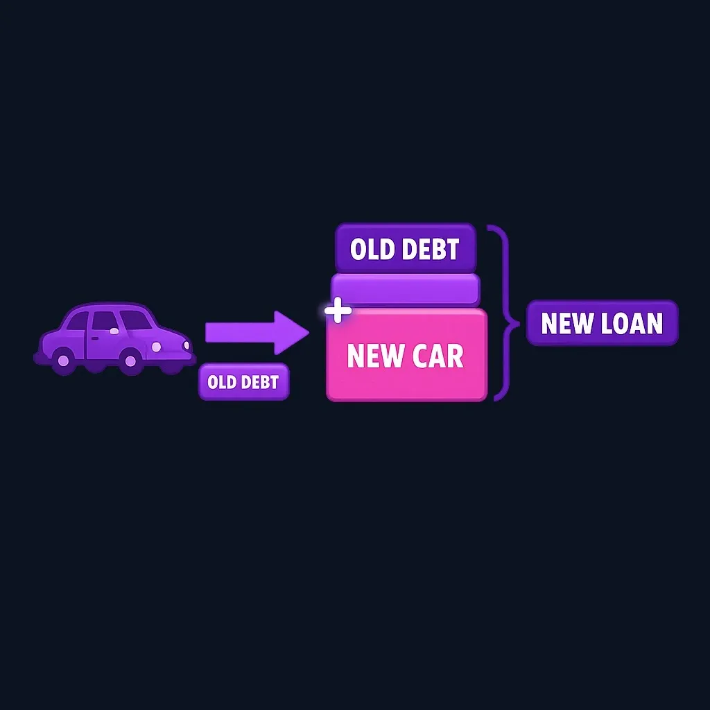 Diagram showing leftover old loan debt being added on top of a new car price to form a larger new loan