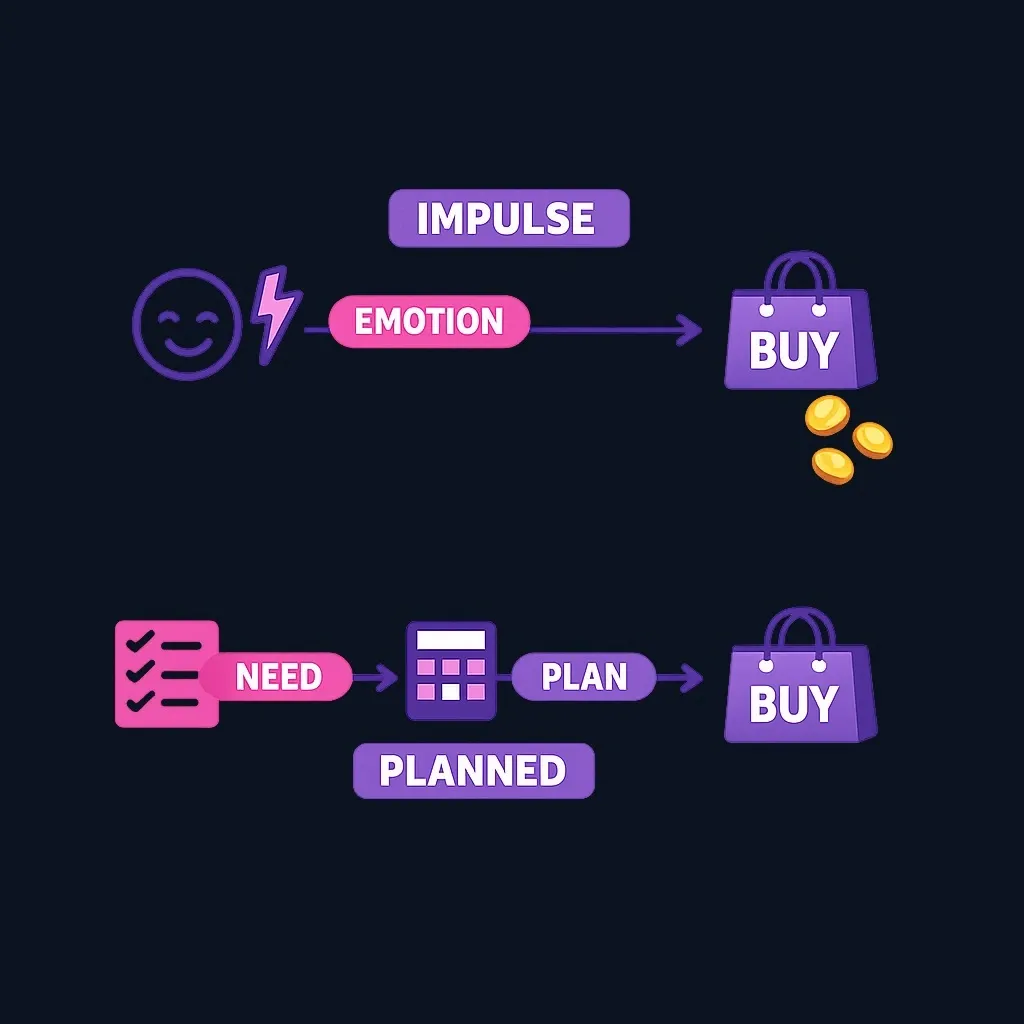 Diagram comparing an impulse purchase path from emotion to buy with a planned path from need to plan to buy