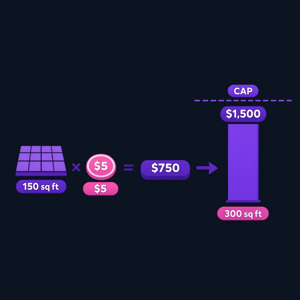 Diagram showing 150 square feet times $5 equals $750, with a 300 square foot cap at $1,500