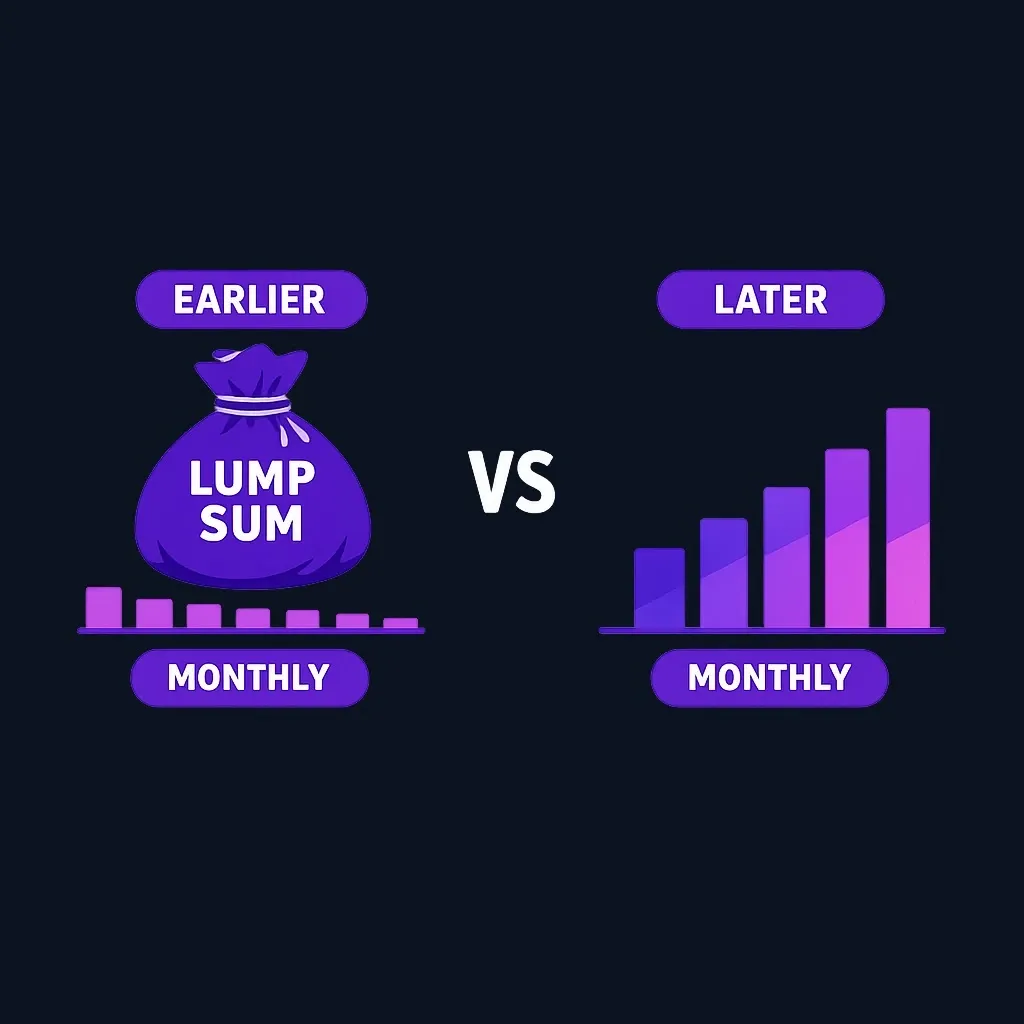 Two side-by-side option cards: an earlier start with a big lump sum and smaller monthly bars, and a later start with no lump sum and taller monthly bars.