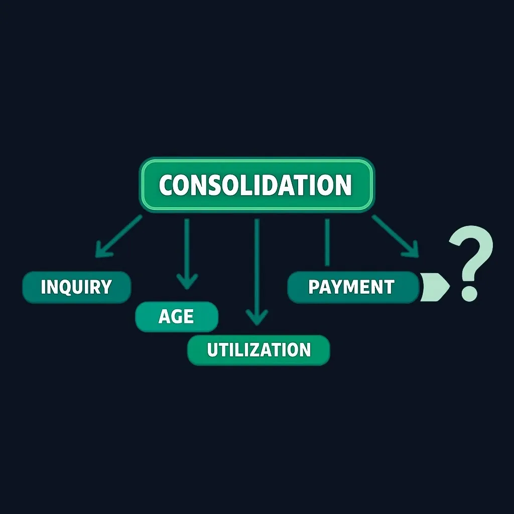 Diagram showing consolidation triggering multiple credit effects with uncertain outcome