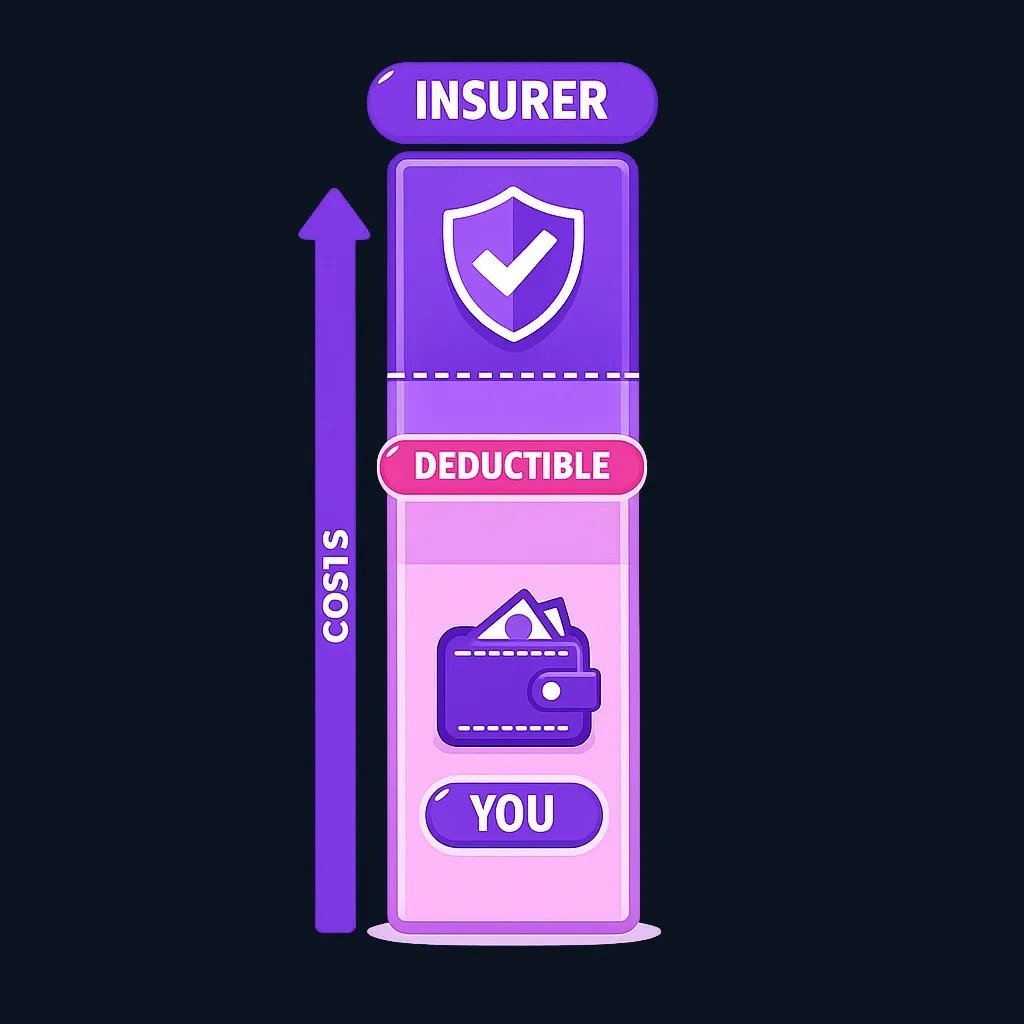Diagram of a cost bar split at the deductible line, with the portion below paid by you and the portion above shared by the insurer