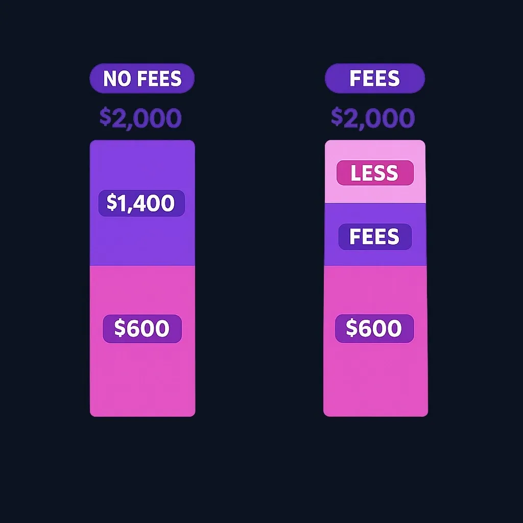 Side-by-side bars comparing a $2,000 refund split into a $600 advance and a $1,400 remainder, versus the same refund with an added fees slice that reduces the remainder