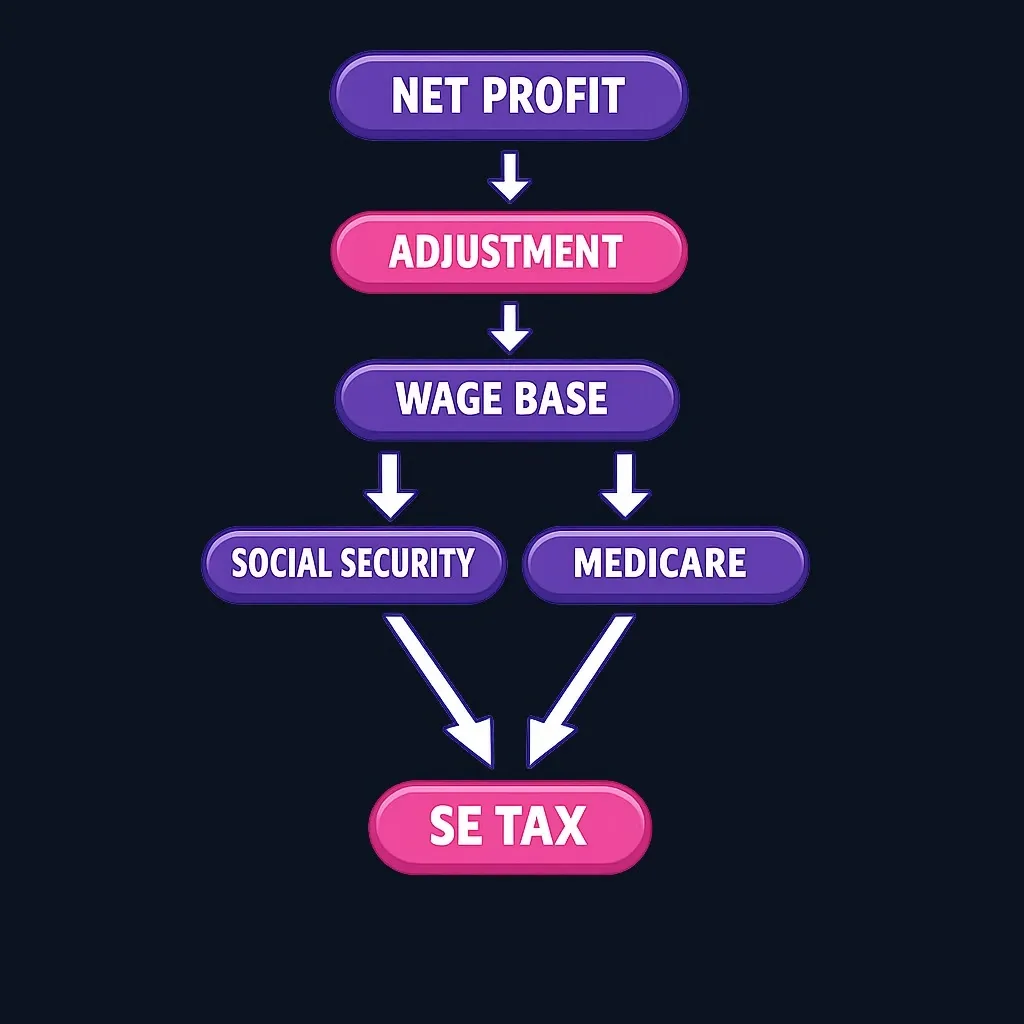 Diagram showing self-employment tax calculation flow from net profit to final tax amount