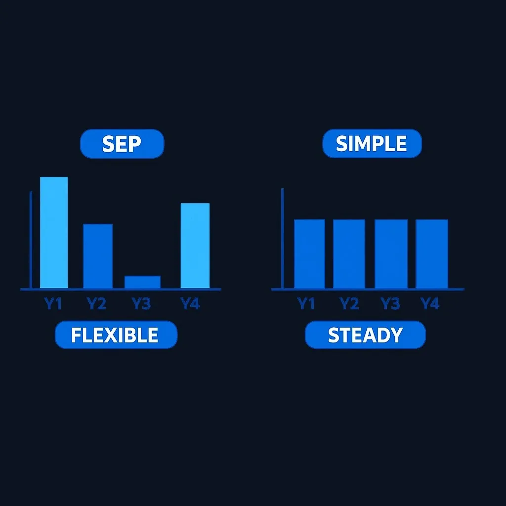 Bar charts showing varying yearly SEP contributions versus steady yearly SIMPLE contributions