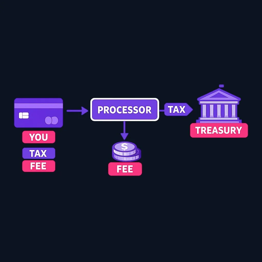 Flow diagram from taxpayer card to an approved processor, which forwards the tax to the Treasury and keeps a fee
