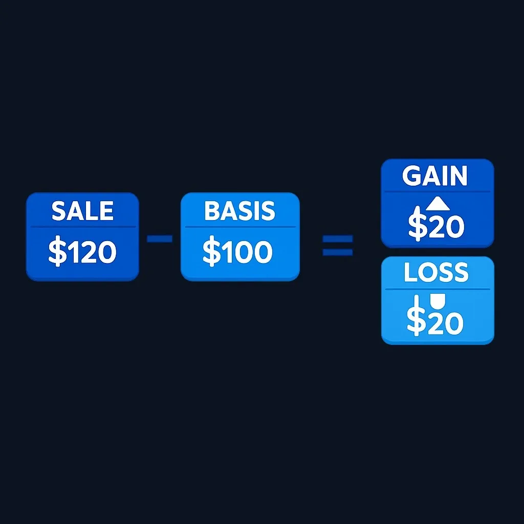 Diagram showing how cost basis, sale price, and gain or loss relate when selling an investment