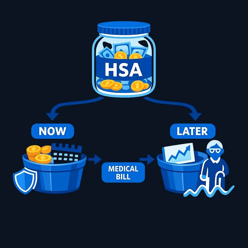 An HSA split into a near-term cash bucket and a long-term invested bucket