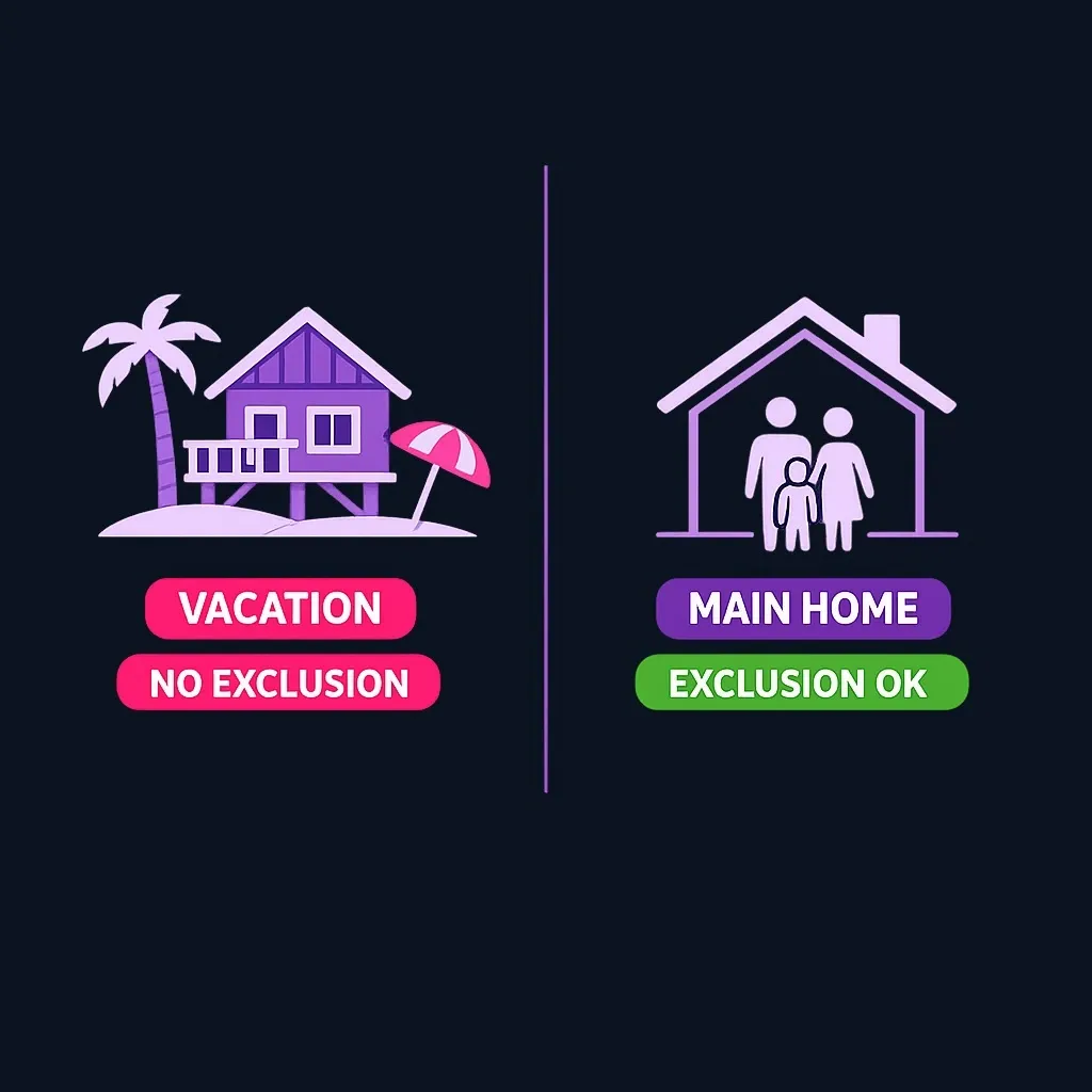 Comparison of vacation home versus main home showing different tax treatment under Section 121 exclusion rules