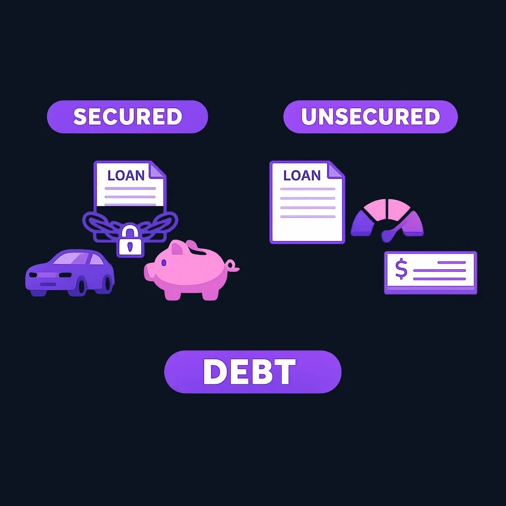 Side-by-side diagram comparing a secured loan linked to a car and savings with an unsecured loan backed by credit score and income