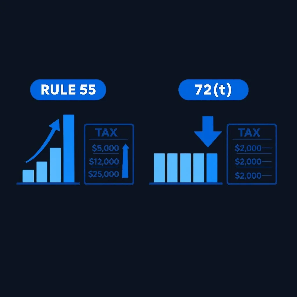 Comparison of tax timing challenges under Rule of 55 versus Rule 72(t)