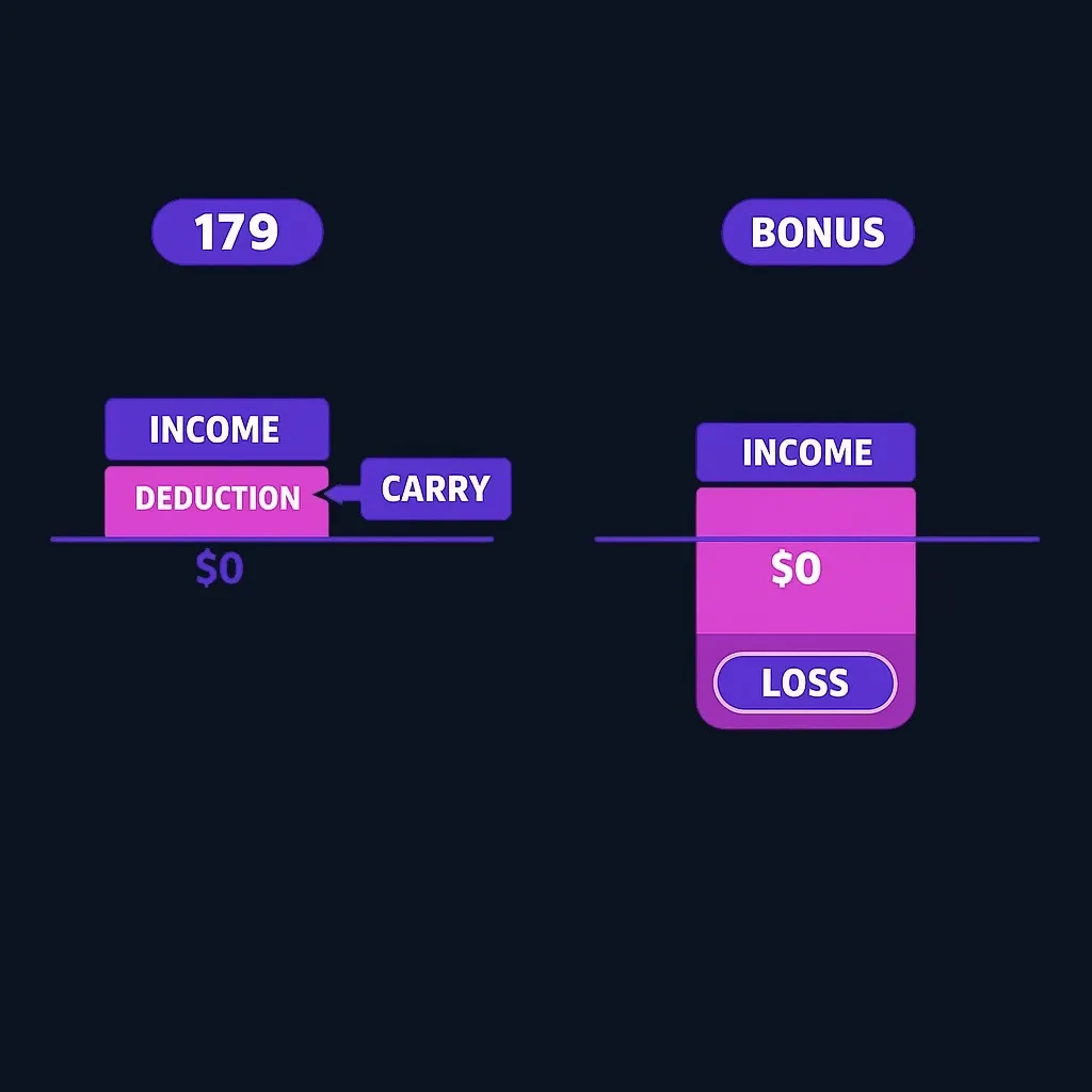 Comparison showing Section 179 capped at income with carryforward versus bonus depreciation creating a loss